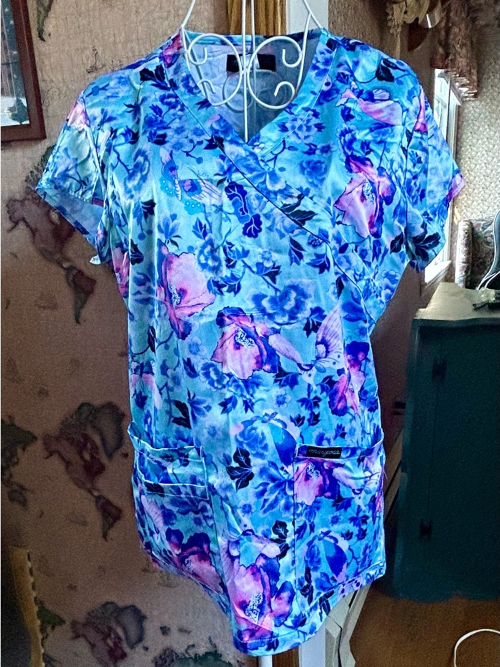 Mariposa (Satin like material) Blue Floral Scrub Top